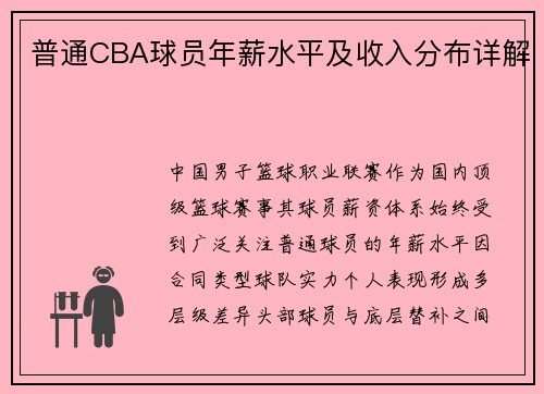 普通CBA球员年薪水平及收入分布详解
